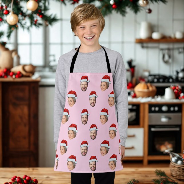 Santa Hat Personalized Face 2 Photo Christmas Gift Apron (Creator Uploaded)