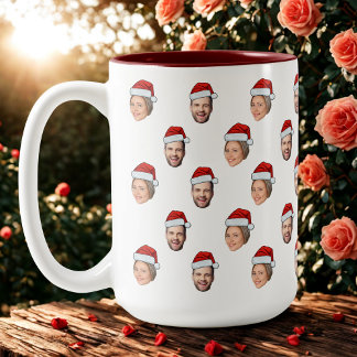 Santa Hat Personalized Face 2 Photo Christmas Gift Two-Tone Coffee Mug