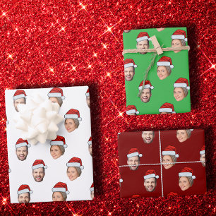 Santa Hat Personalized Face 2 Photo Christmas Gift Wrapping Paper Sheets