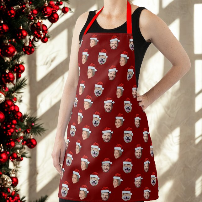 Santa Hat Personalized Face 3 Photo Christmas Gift Apron (Creator Uploaded)