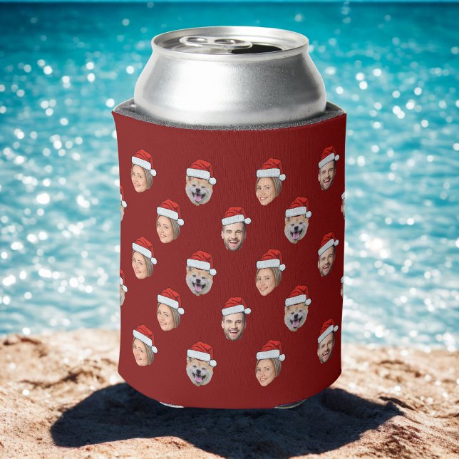 Santa Hat Personalized Face 3 Photo Christmas Gift Can Cooler (Creator Uploaded)