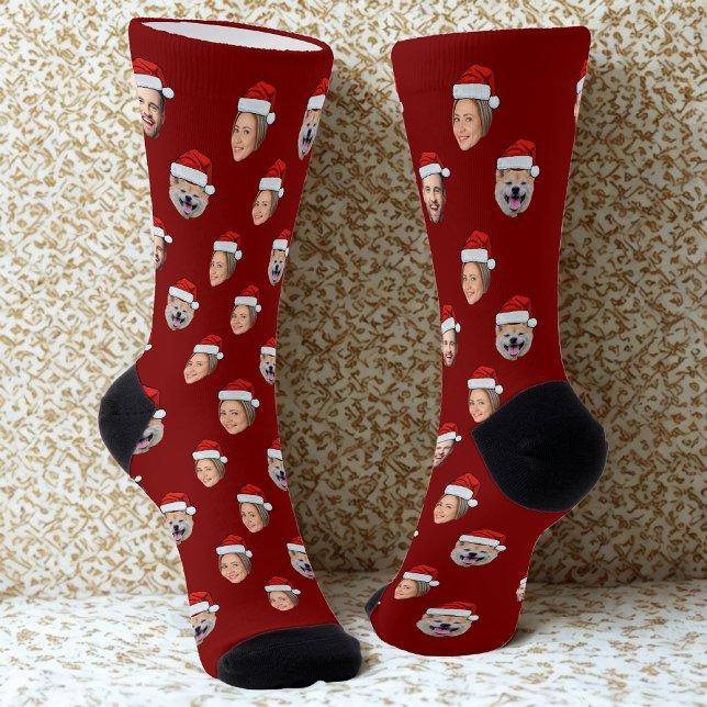 Santa Hat Personalized Face 3 Photo Christmas Gift Socks (Creator Uploaded)