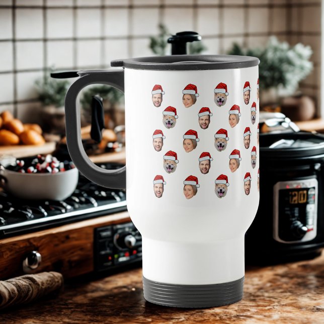 Santa Hat Personalized Face 3 Photo Christmas Gift Travel Mug (Creator Uploaded)