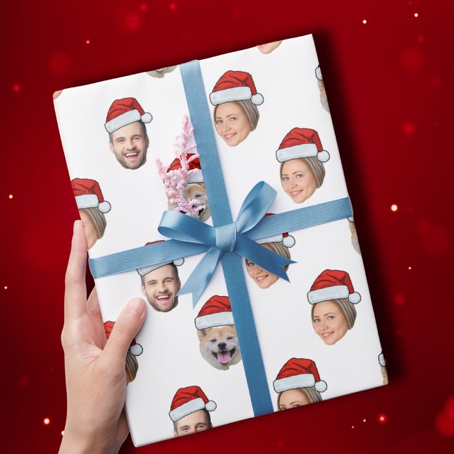 Santa Hat Personalized Face 3 Photo Christmas Gift Wrapping Paper (Creator Uploaded)