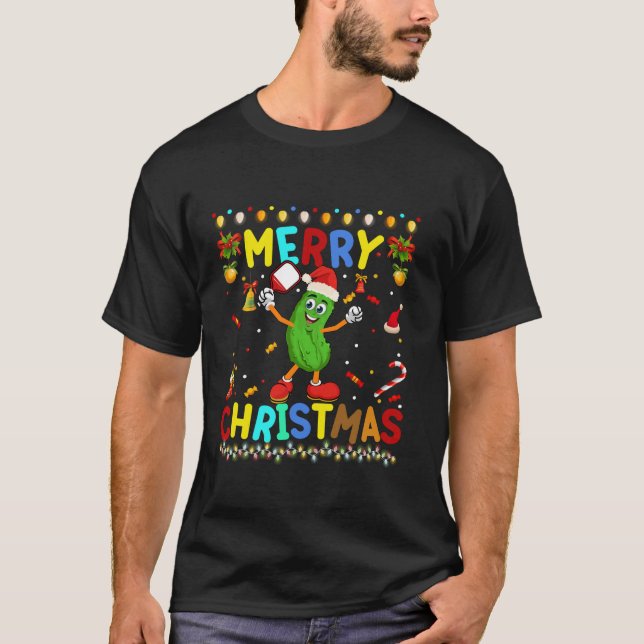 Santa Hat Pickles Gifts For Xmas Funny Pickleball  T-Shirt (Front)