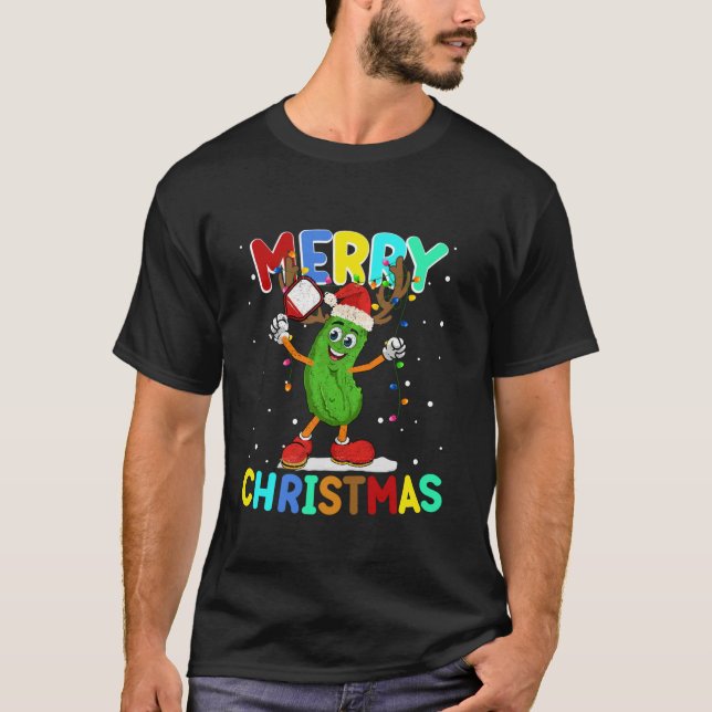 Santa Hat Pickles Gifts For Xmas Funny Pickleball  T-Shirt (Front)