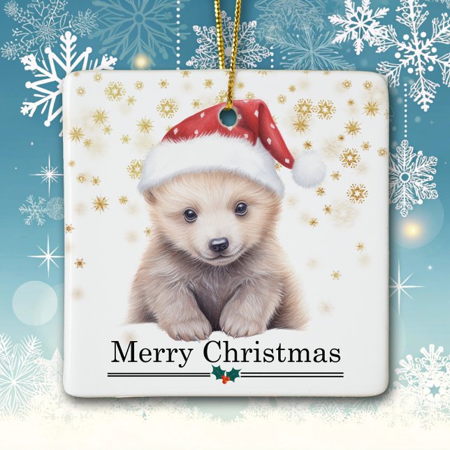 Santa Hat Polar Bear Cub Merry Christmas Ceramic Ornament (Creator Uploaded)