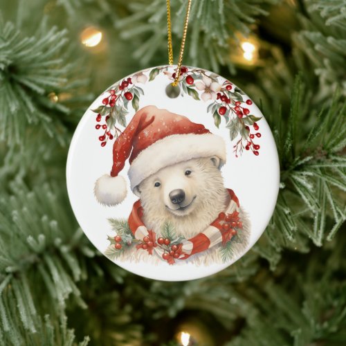 Santa Hat Polar Bear Holly Berries Christmas Ceramic Ornament