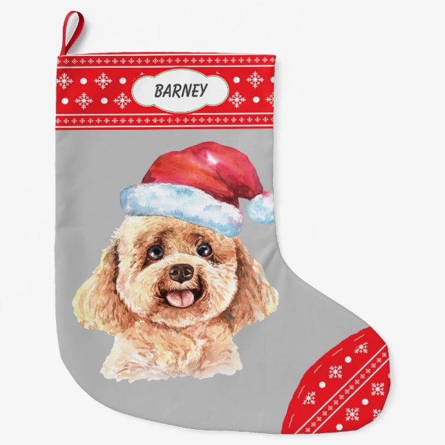 Santa Hat Poodle Dog Snowflake Border Large Christmas Stocking (Front)