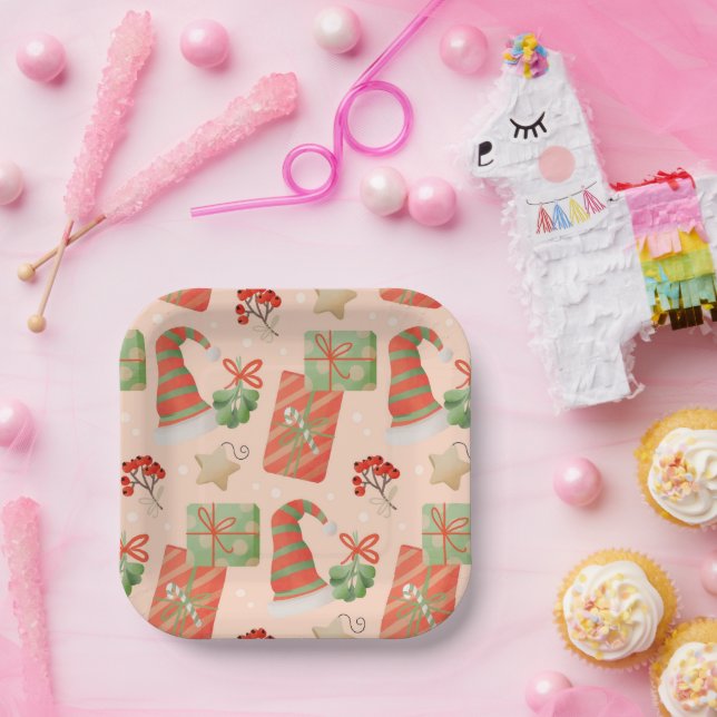 Santa Hat Presents Baubles Holly Square Paper Plates (Party)