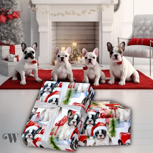 Santa Hat Pups Frenchie Gift Wrapping Paper