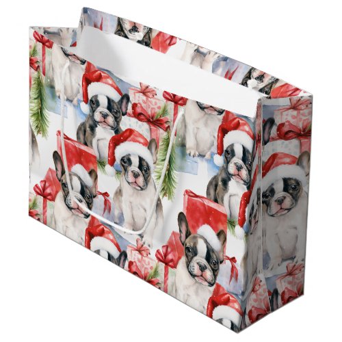 Santa Hat Pups Frenchie  Large Gift Bag