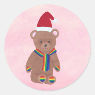 Santa Hat Rainbow Teddy Bear Holiday Christmas Classic Round Sticker