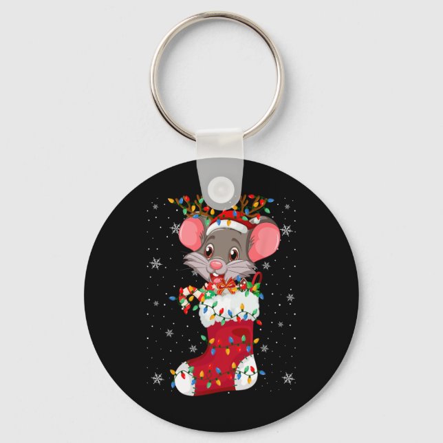 Santa Hat Rat Animal In Socks Xmas Tree Lights  Keychain (Front)