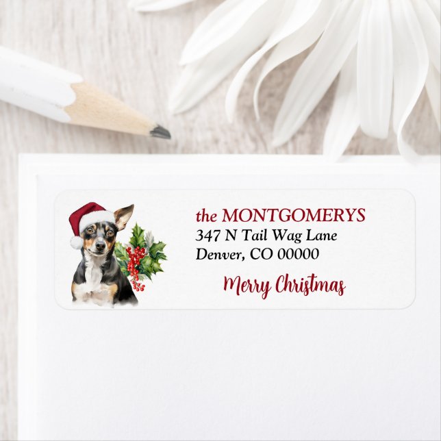 Santa Hat Rat Terrier Dog Christmas Return Address Label (Insitu)
