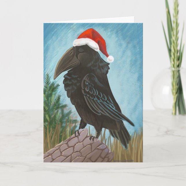 Santa Hat Raven Holiday Card (Front)