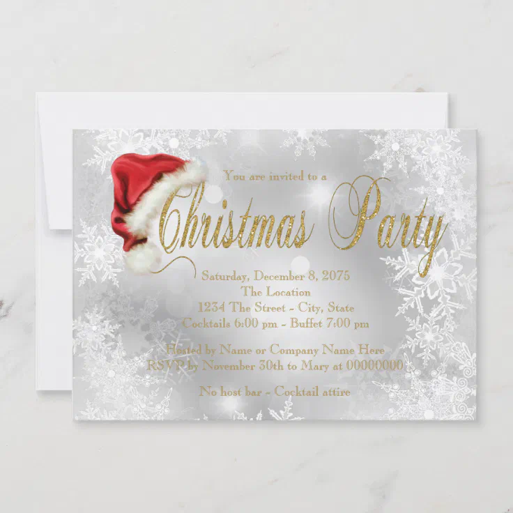 Santa Hat Red and Gold Snowflake Christmas Party Invitation | Zazzle