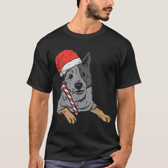 Santa Hat Red Blue Heeler Australian Cattle Dog Ch T-Shirt (Front)