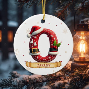 Santa Hat Red Christmas Letter O Name Ceramic Ornament