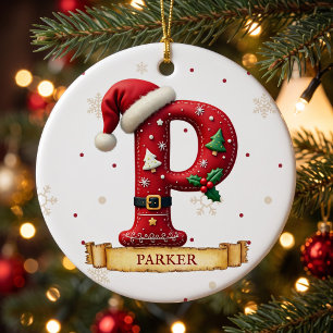 Santa Hat Red Christmas Letter P Name Ceramic Ornament