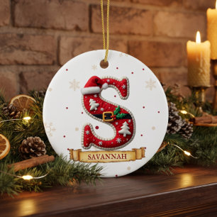 Santa Hat Red Christmas Letter S Name Ceramic Ornament