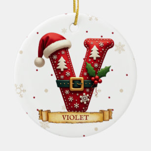 Santa Hat Red Christmas Letter V Name Ceramic Ornament