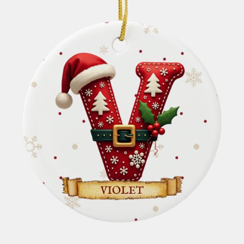 Santa Hat Red Christmas Letter V Name Ceramic Ornament