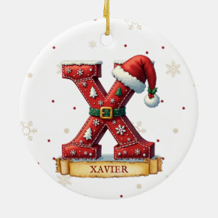 Santa Hat Red Christmas Letter X Name Ceramic Ornament