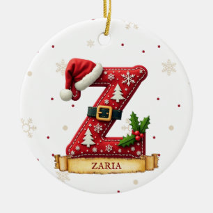 Santa Hat Red Christmas Letter Z Name Ceramic Ornament
