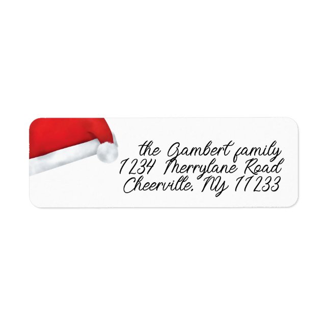 Santa Hat Red Merry Christmas Script Three Photo Label (Front)