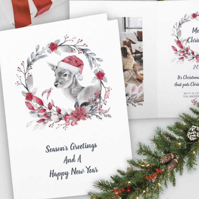 Santa Hat Reindeer Christmas Family Keepsake Holiday Card (Creator Uploaded)