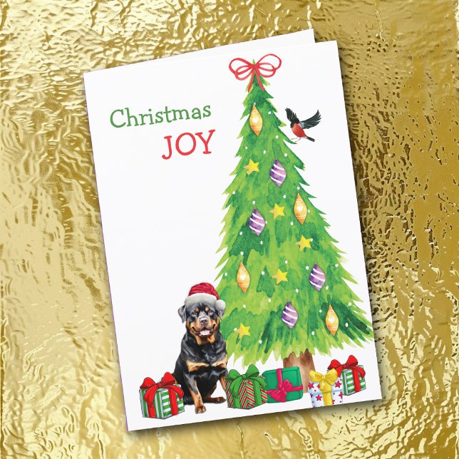 Santa Hat Rottweiler Dog, Bird and Christmas Tree Holiday Card (Creator Uploaded)