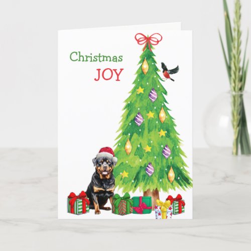 Santa Hat Rottweiler Dog Bird and Christmas Tree Holiday Card