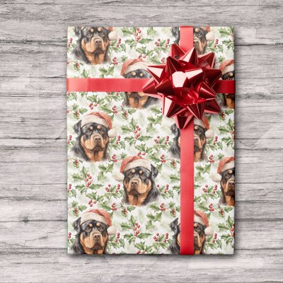 Santa Hat Rottweiler Dog Christmas Holly Wrapping Paper