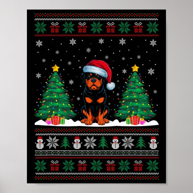 Santa Hat Rottweiler Dog Christmas Tree Lights Ugl Poster (Front)