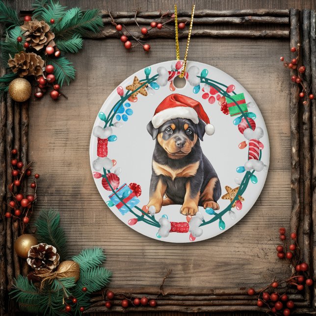 Santa Hat Rottweiler Puppy Bone Wreath Ceramic Ornament (Creator Uploaded)