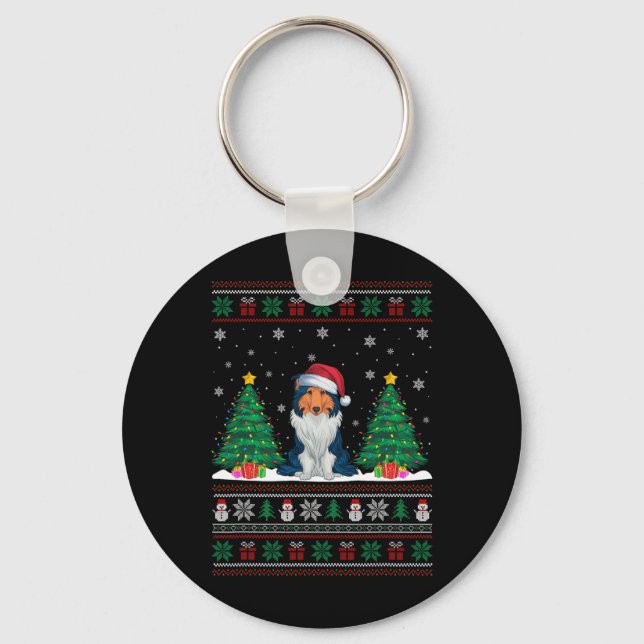 Santa Hat Rough Collie Dog Xmas Tree Lights Ugly S Keychain (Front)