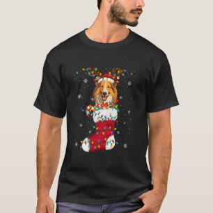 Santa Hat Rough Collie Puppy Dog In Socks Xmas Tre T-Shirt