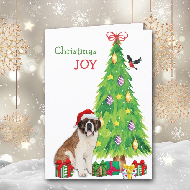 Santa Hat Saint Bernard Dog and Christmas Tree Holiday Card (Creator Uploaded)