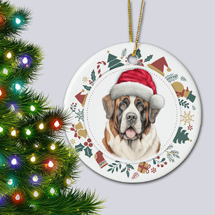 Santa Hat Saint Bernard Dog Christmas Wreath Ceramic Ornament