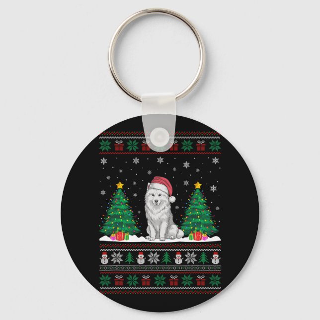 Santa Hat Samoyed Dog Christmas Tree Lights Ugly S Keychain (Front)