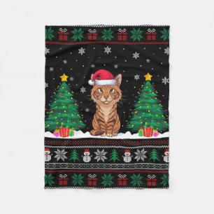 Santa Hat Savannah Cat Christmas Tree Lights Ugly  Fleece Blanket