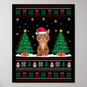 Santa Hat Savannah Cat Christmas Tree Lights Ugly Poster