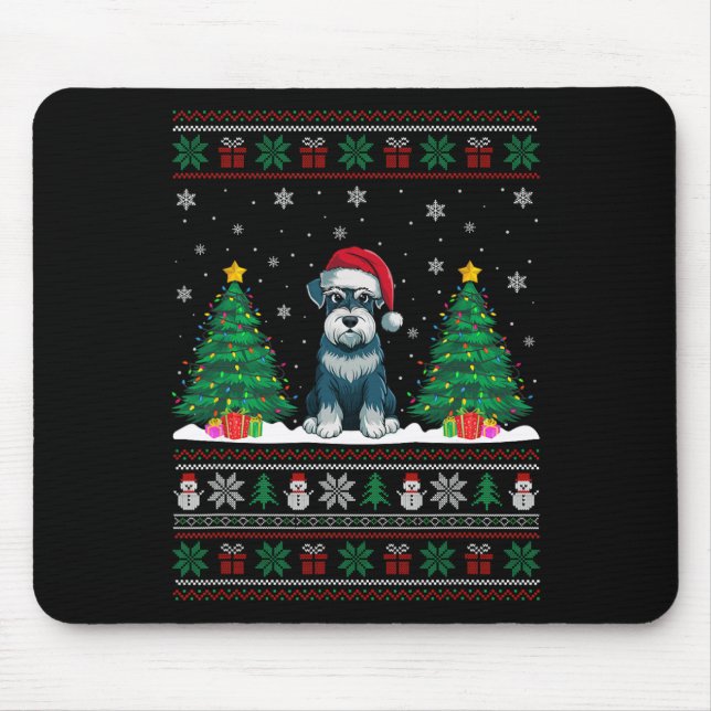 Santa Hat Schnauzer Dog Christmas Tree Lights Ugly Mouse Pad (Front)
