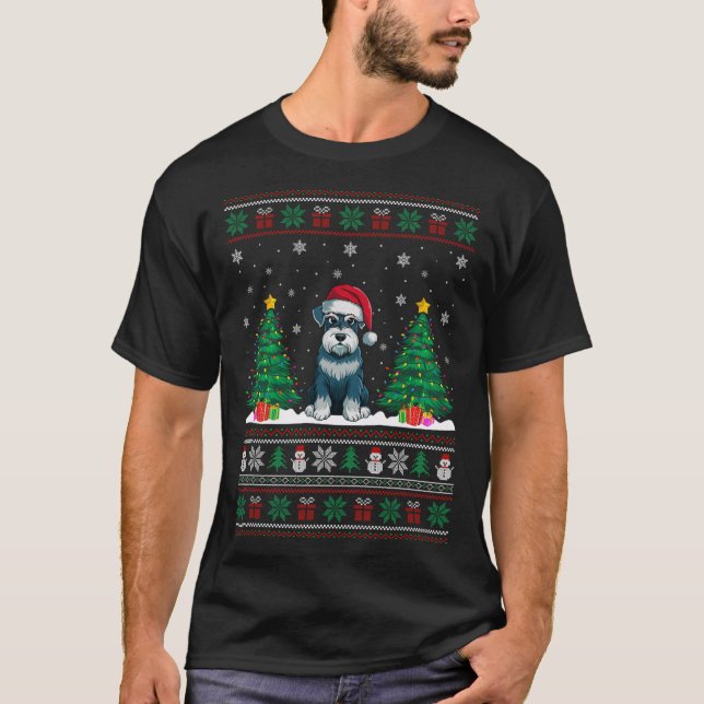 Santa Hat Schnauzer Dog Christmas Tree Lights Ugly T-Shirt (Front)