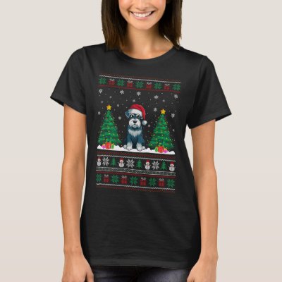 Santa Hat Schnauzer Dog Christmas Tree Lights Ugly T-Shirt