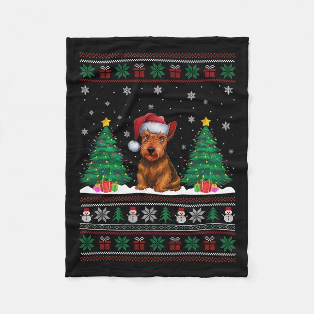 Santa Hat Scottish Terrier Dog Xmas Tree Lights Ug Fleece Blanket (Front)