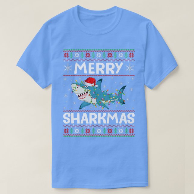Santa Hat Shark Christmas Lights Ugly Merry Sharkm T-Shirt (Design Front)