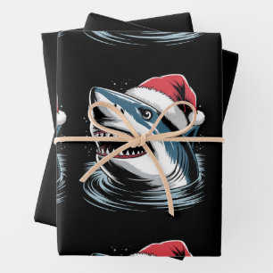Santa Hat Shark Christmas Xmas Holiday Family Wrapping Paper Sheets