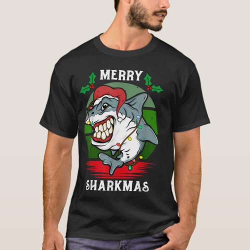 Santa Hat Shark Merry Sharkmas Christmas PJ Pajama T_Shirt